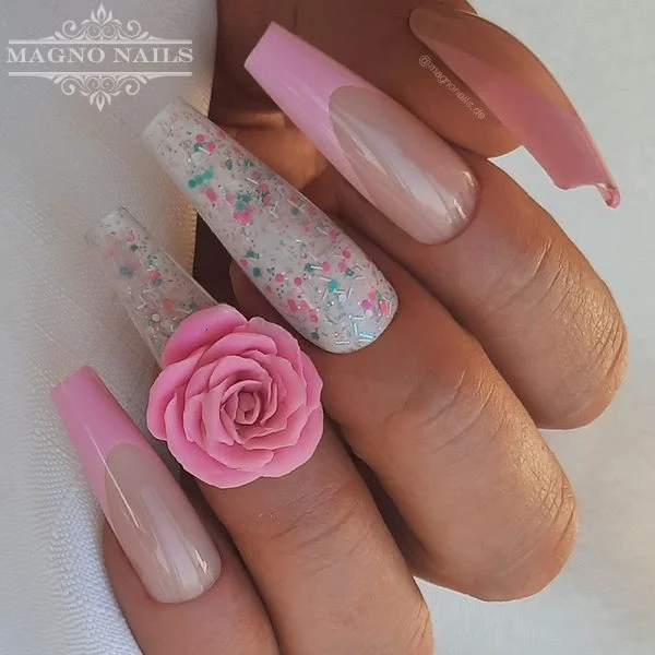 Sommernägel - Summer Naildesign Ideen - Rosa Buntes Gel Grün Flitter 3D Rose